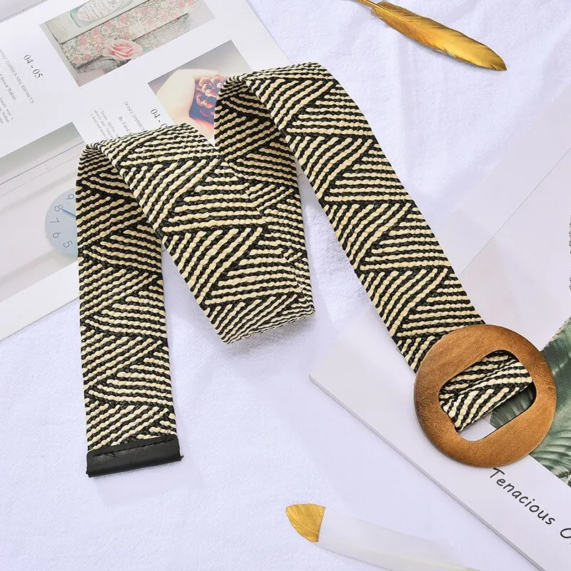 Women's Belt Elastic Woven Wide Belt PP Grass Waist Seal Wood Round Buckle Belt Fashion Ethnic Style Paired with Coat Skirt Belt
