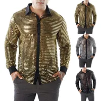 Mens Long Sleeved Performance Wear Sequin Shirt Long Sleeved Lapel 70s Disco Party Wear Trend Long Sleeved Harajuku Streetwear 1