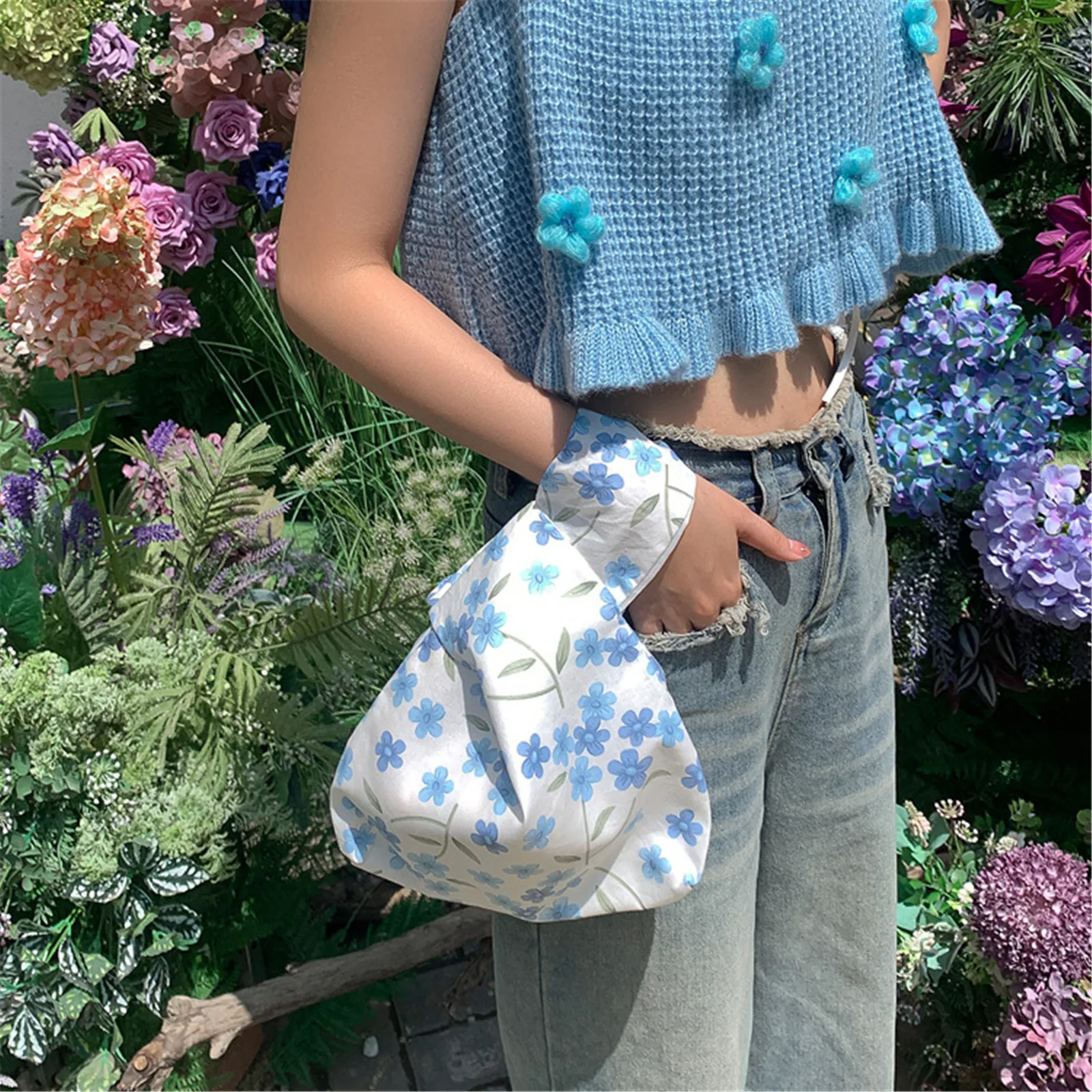 

1Pc Summer Japanese-Style Handbag Mini Knot Wrist Bag Coin Purse Bag Retro Floral Small Fresh Walking Bag Reusable Shopping Bags