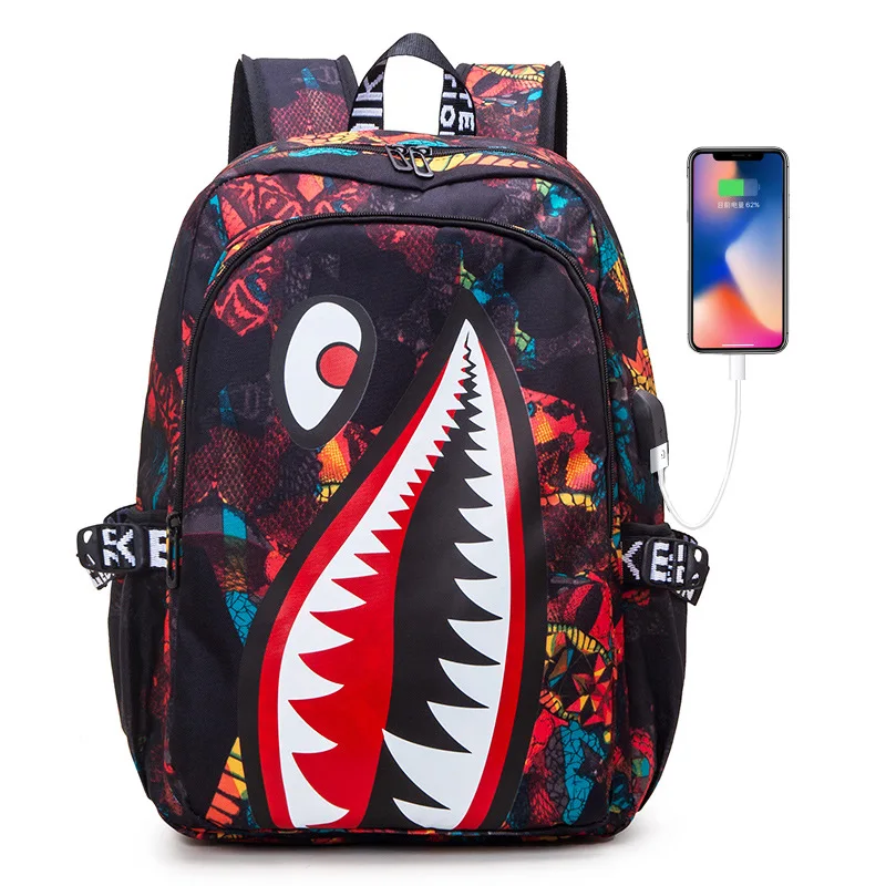 Travel Backpack Bookbag Oxford Shark Print Satchel 15.6-inch Laptop Computer Bag for Primary School Students Mochila Infantil