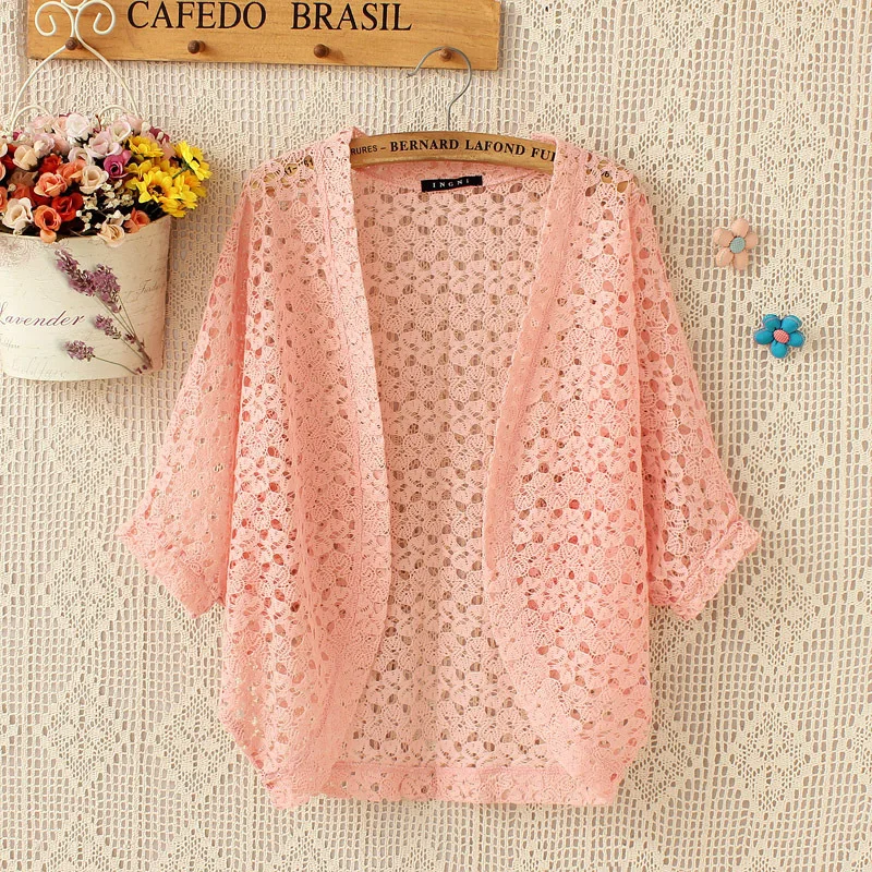

Summer Crocheted hollow Thin cardigan Outer Wear Bat Knit Short Sleeve Women's Midi Mesh Shirt