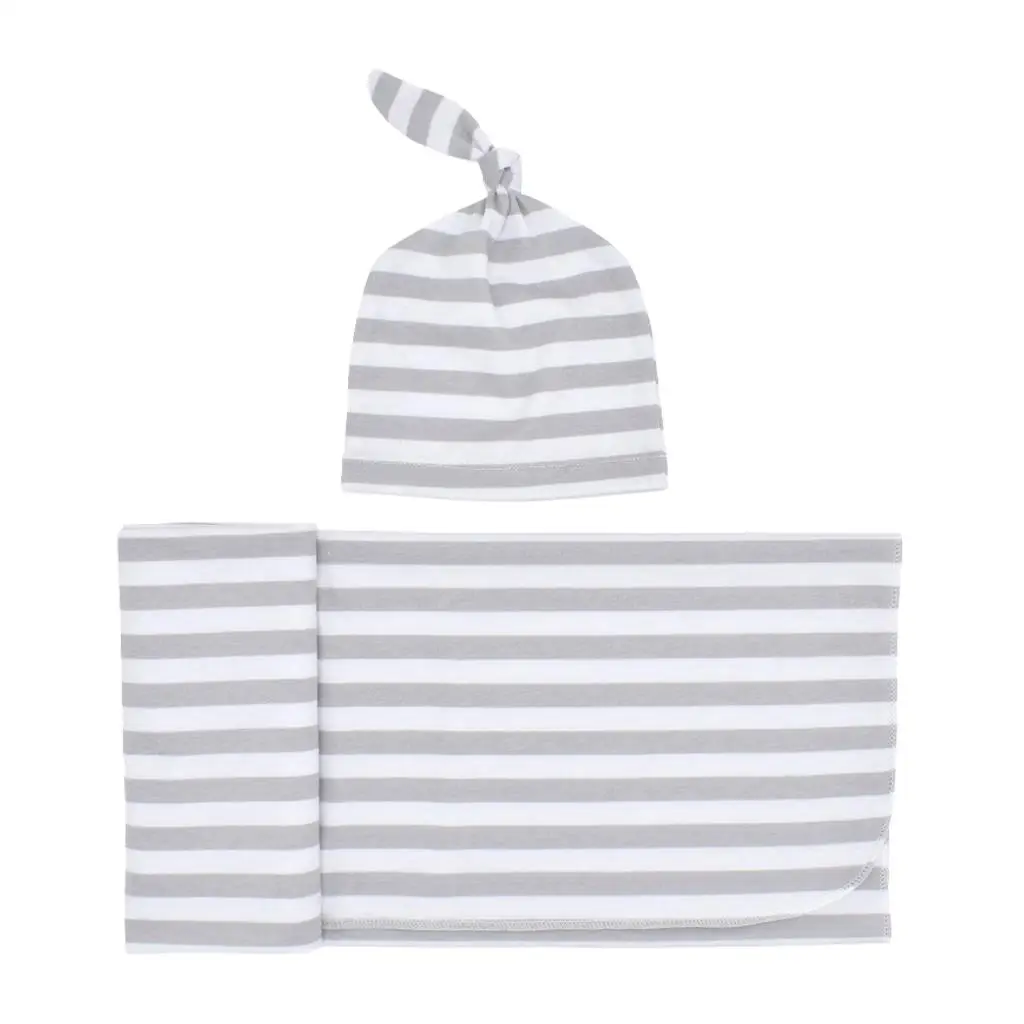 Newborn Infant Baby Striped Swaddle Wrap Sleeping Bag with Hat Set