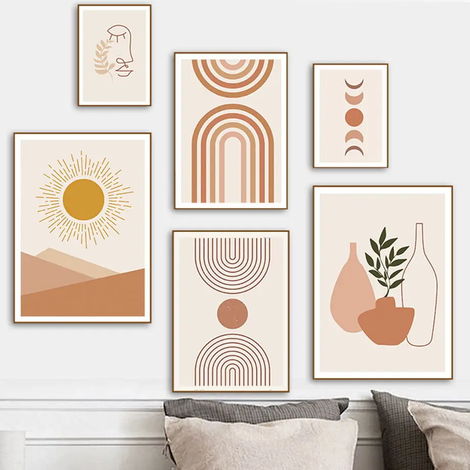 

Boho Vase Leaf Line Vintage Sun Moon Phase Poster Nordic Wall Art Print Canvas Painting Abstract Pictures For Living Room Decor