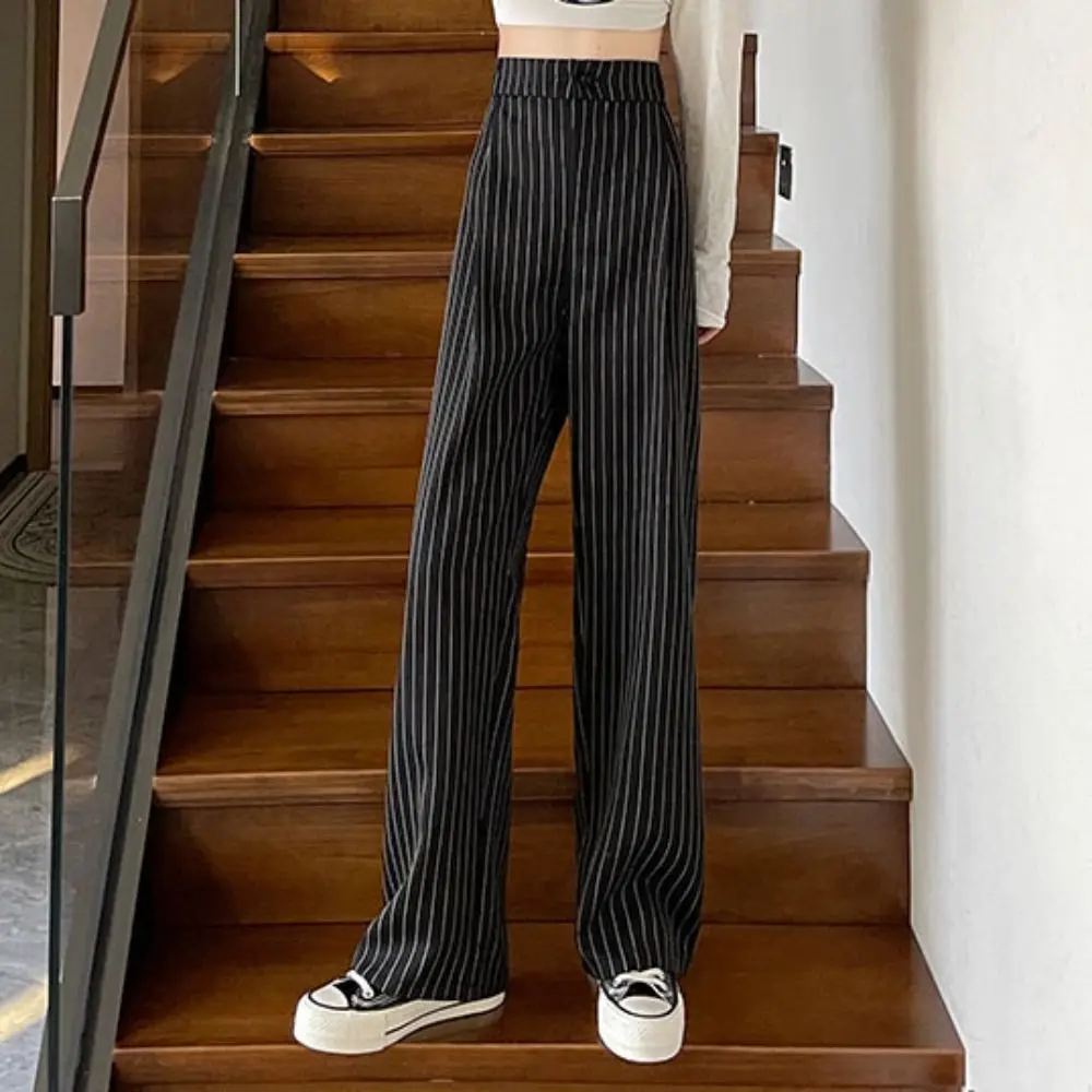 Loose Stripe Straight Leg Pants High Waist Autumn Casual Pants Women Workout Trousers Drape Feeling Striped Suit Pants Female