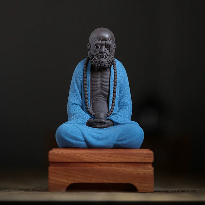 Handcrafted Zisha Bodhidharma Statue - Zen Buddha Figurine for Tea Table, Chinese Kung Fu Decor, Meditation Office Art, Clay Scu
