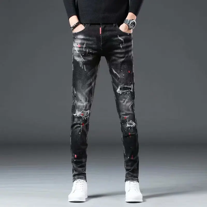 

High Street 2022 Fashion Casual Ripped Jeans Men's Patch Teenagers Cowboy Paint Splash Ink Black Pencil Pants Skinny Jeans Men