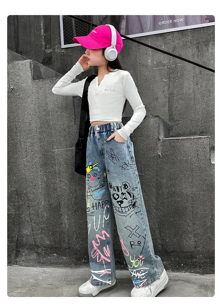 تصميم جديد للأطفال مطبوعة الهيب هوب الجينز للفتيات موضة عالية الشارع الشهير الدنيم السراويل الاطفال العصرية الكرتون الجينز السراويل 4-14T