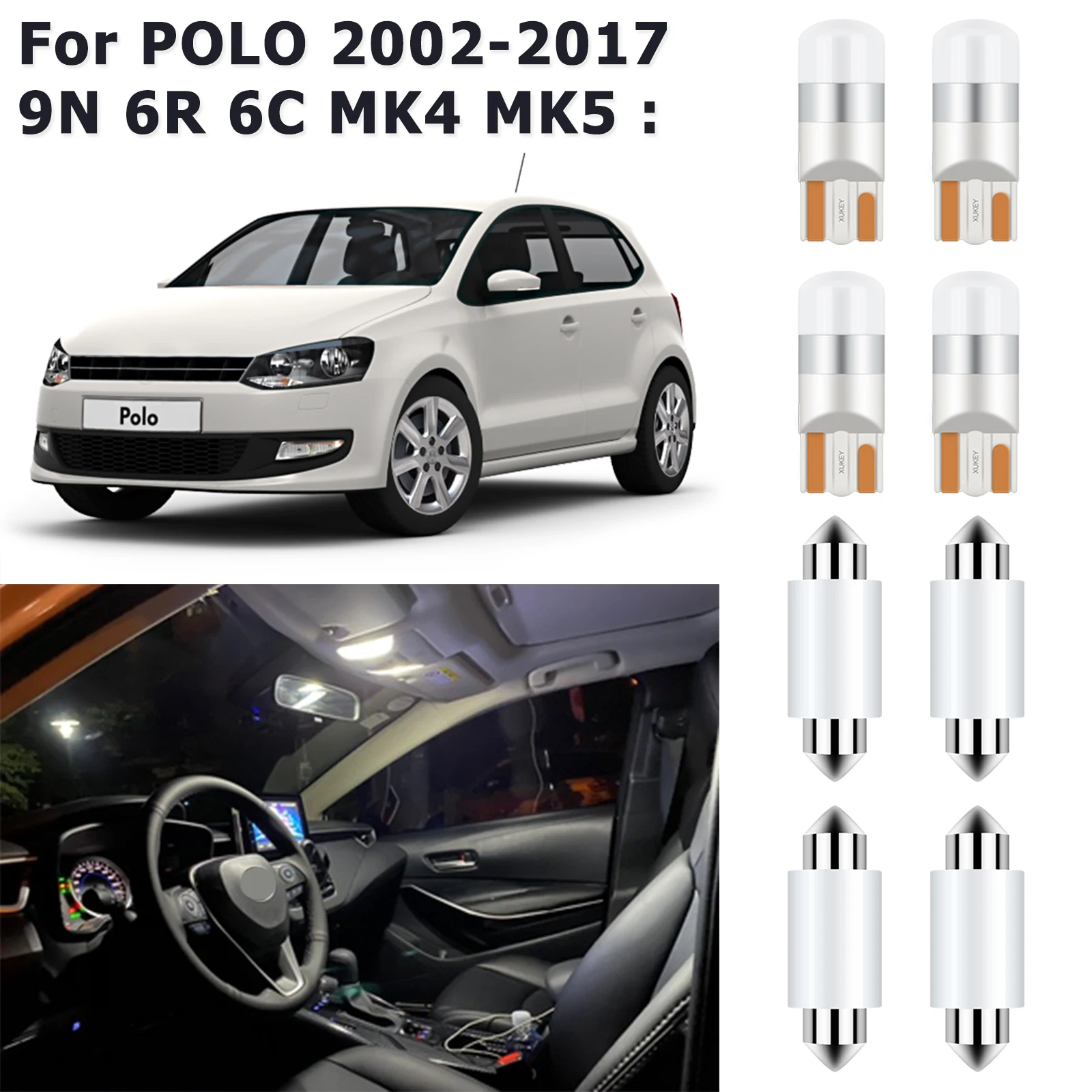 12V Led W5W T10 Interior Light Kit Map Dome Trunk Reading Lamp Cabin Ceiling Bulb For Vw Polo 4 5 6R 6C 9N 9N3 Mk4 Mk5 2002-2017