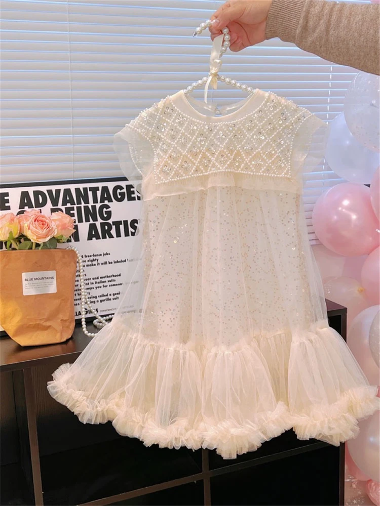 

2024 Girl summer princess Dresses Korean mesh pearl Peter pan Collar Dress Girls' Elegant Dress Temperament Princess Party Dress