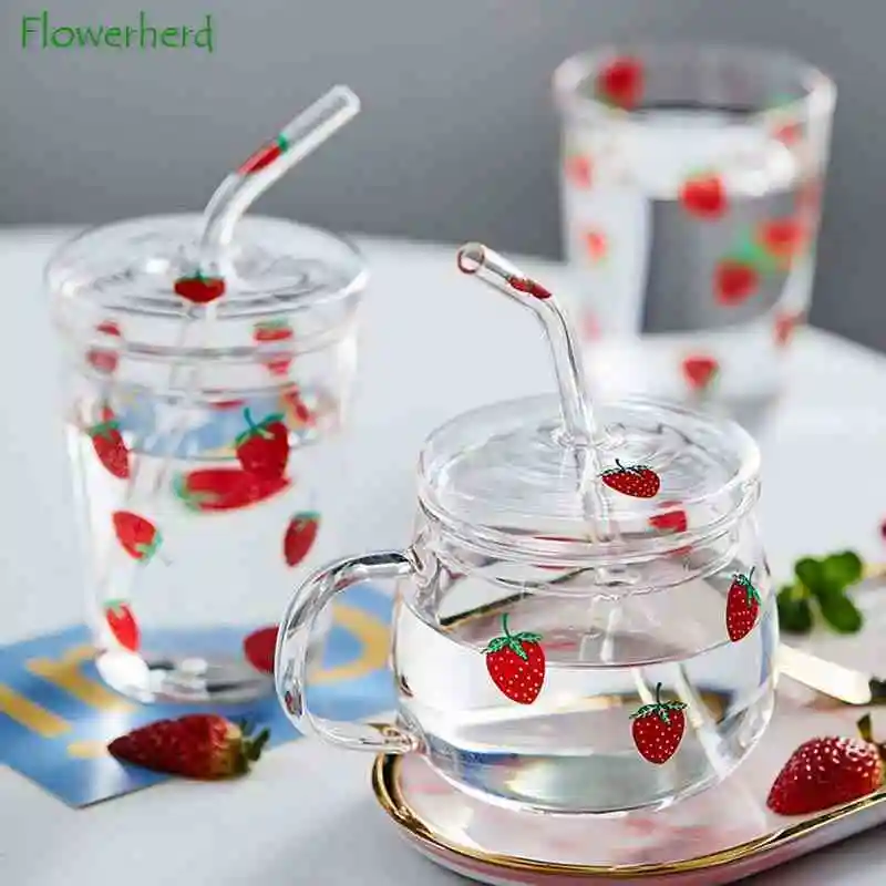 1pc Glass Cup With Straw And Handle, Scale Cup With Lid And Spoon, Cute  Fruit Printed Cup For Girls