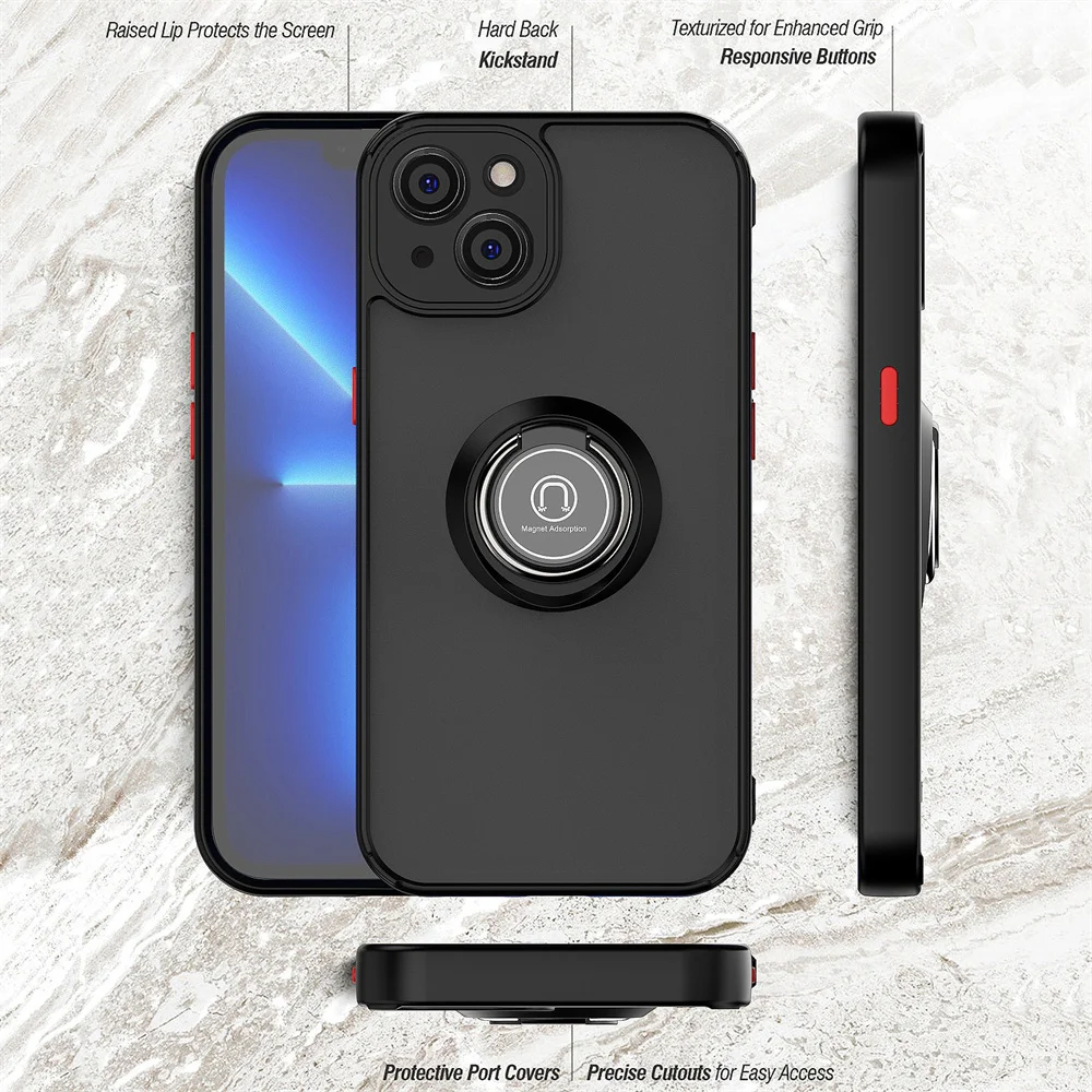 Matte Shockproof Magnetic Ring Holder Case - Full Protection Hard Cover