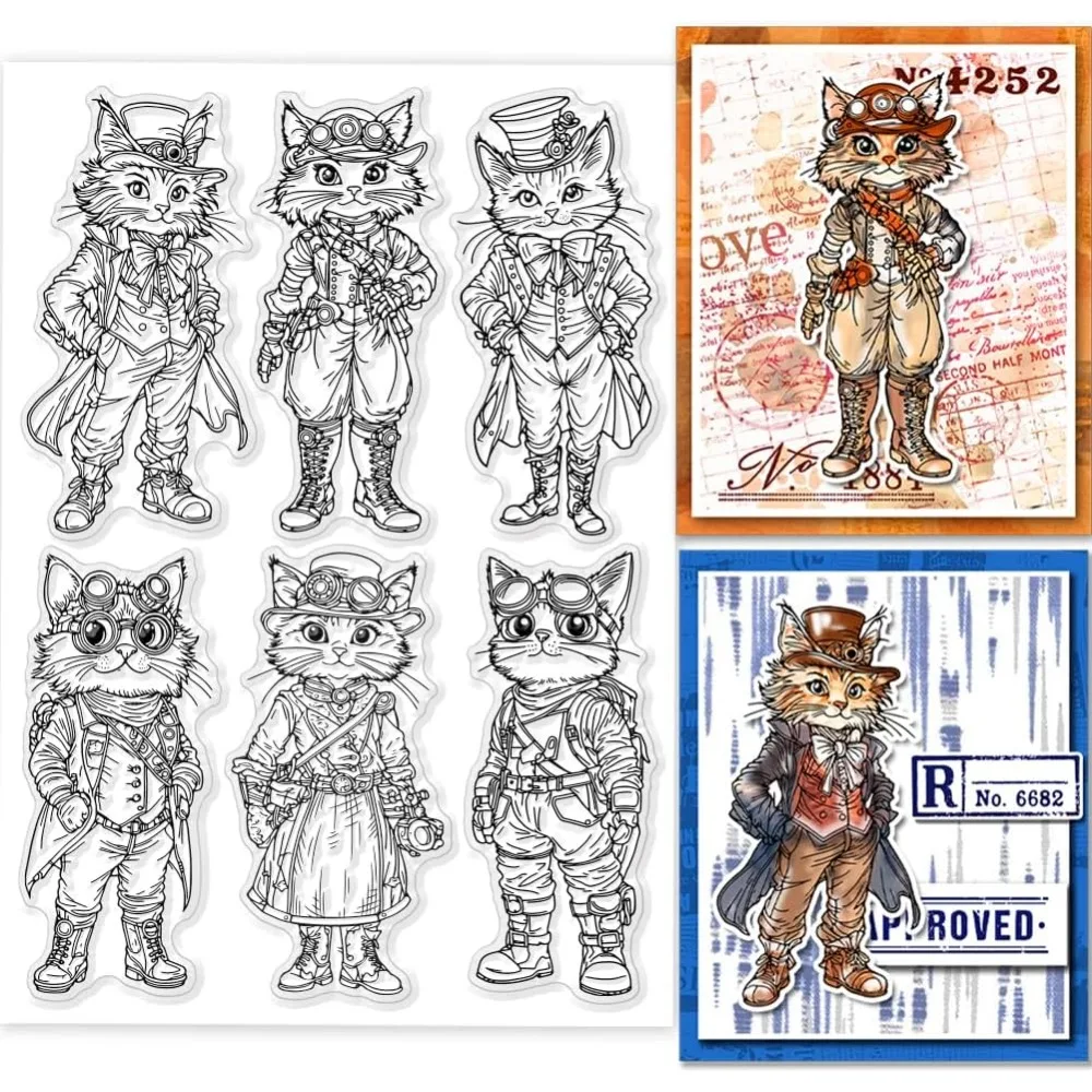 Clear Stamps Vintage Cat Clear Stamps for Card Making Animals Silicone Clear Stamps Retro Clothes Transparent Seal for DIY