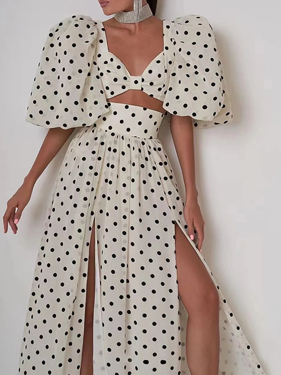 

Dot Printed Lantern Sleeves Female Long Dress Split Set High Fork Skirt For Women Fashion Casual Two Piece Banquet Clothing