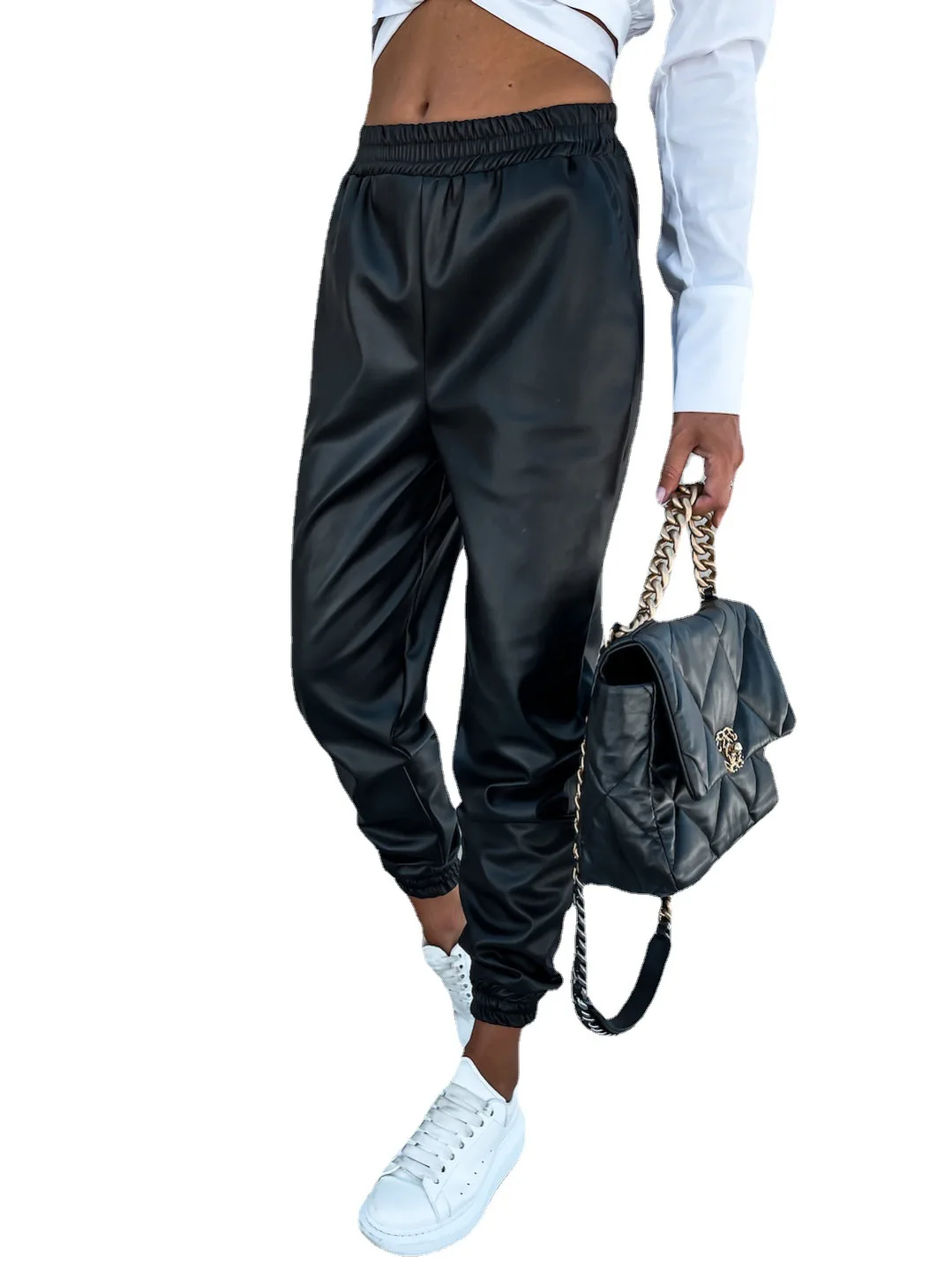 

2023 Autumn New Women Solid Elastic Waist Sportswear Pencil Pants Skinny PU Leather Pocket Ladies Trousers Loungewear Streetwear