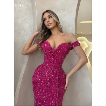 Sansa Customized Rose Red Sequin Off The Shoulder Prom Dresses Strapless فساتين للمناسبات الخاصة Floor-Length vestidos de festa