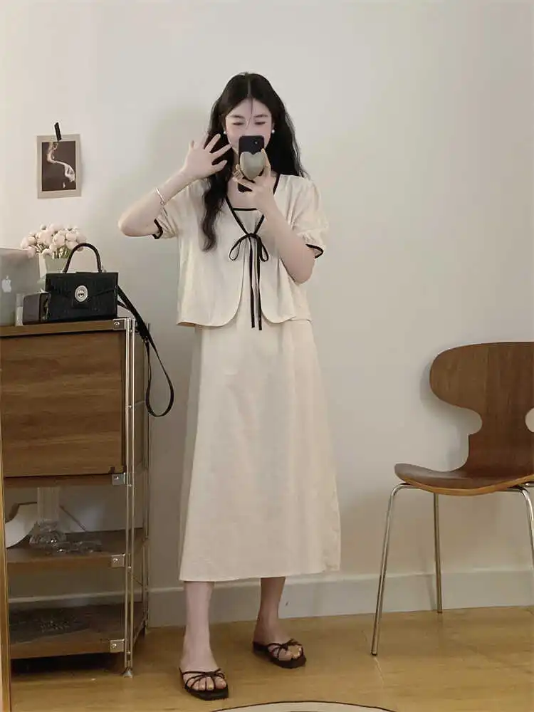 Plus size Chubby Girl Summer Western Sle Sweet Casual Temperament Short sleeve Cardigan Suspender Skirt Dress Fashion Set W...