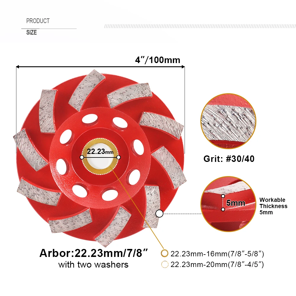 SHDIATOOL Diameter 4"/100mm Diamond Grinding Cup Wheel For Concrete Grinding Disc Wheel, Segmented Turbo Type Diamond Wheel