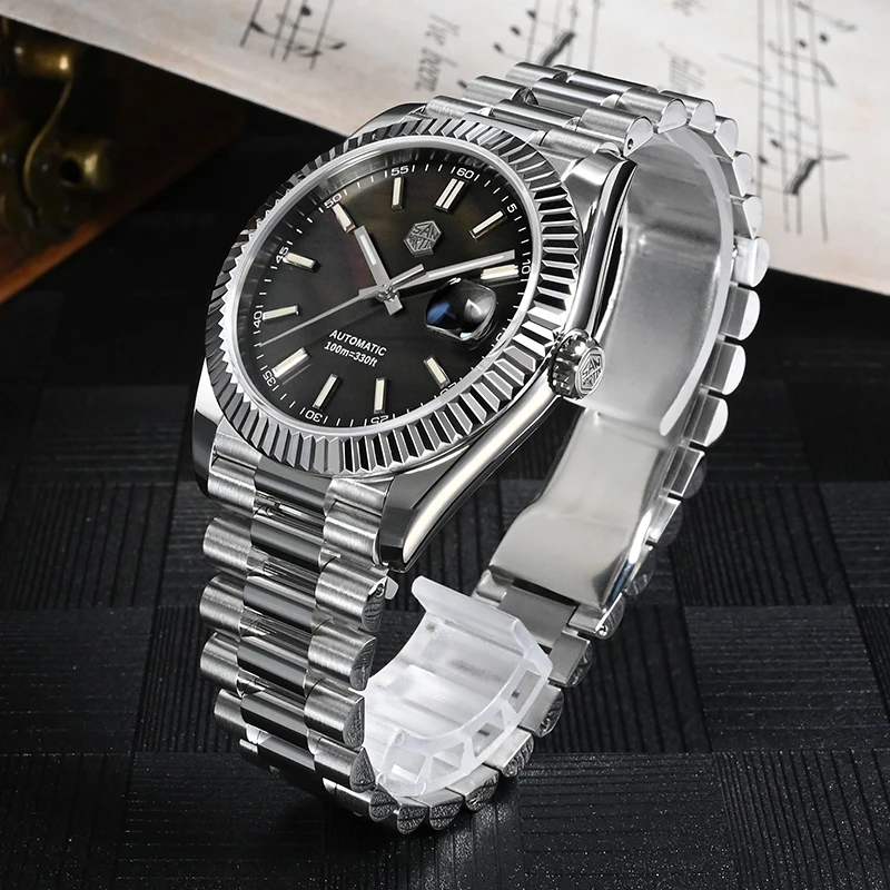 Mechanical Watch San Martin Men Watch 40mm Vintage MOP Dial Retro Business Luxury Sapphire PT5000 Automatic Mechanical Carving Fluted Bezel 10Bar