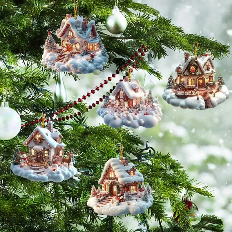 Christmas Decorations Acrylic Winter Village Houses Pendant Charming Snow House Pendant For home Family Holiday Xmas Tree christmas decorations