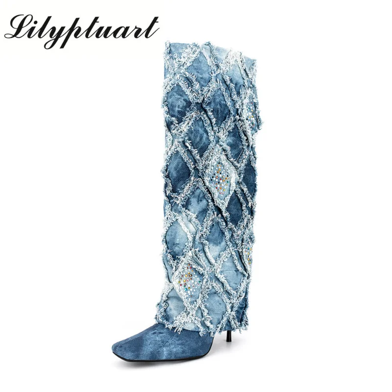 

High Quality Women's Shoes 2022 Fashionable Denim Plaid Colored Rhinestone Slim High Heel Sleeve Skirt Boots Banquet Boots