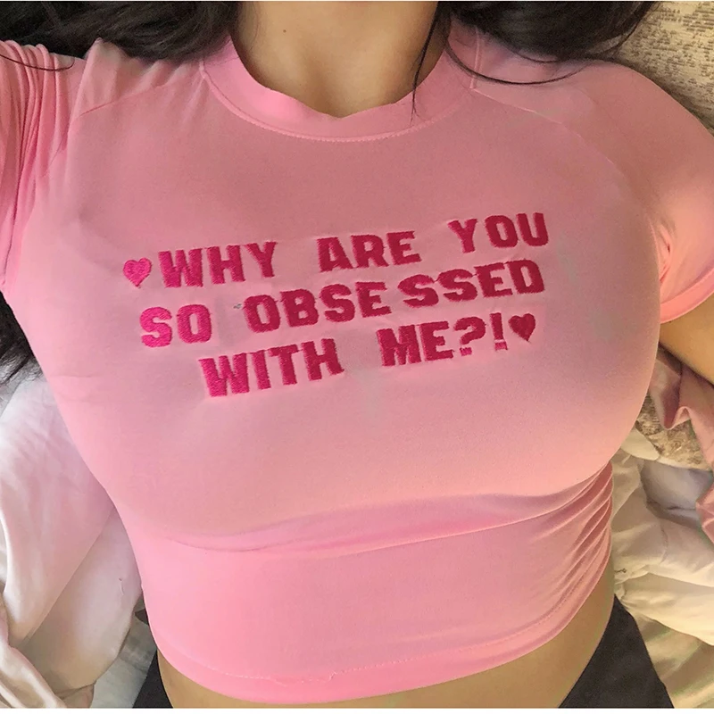 

Y2k clothes pink crop top Letter Embroidery Baby Tee Streetwear Short Sleeve T-Shirt Aesthetic Punk Vintage Goth Graphic emo