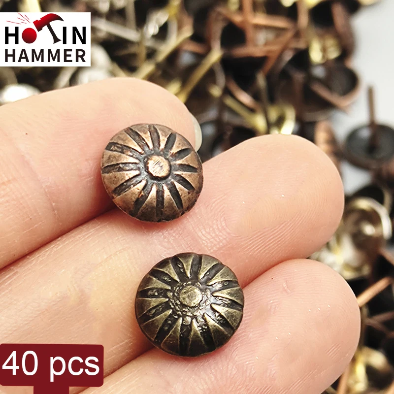 40pcs Antique Brass Upholstery Nails Elegant Flower Head Wine Case Box Decorative Tack Style Furniture Hardware Decor 16mmx11mm