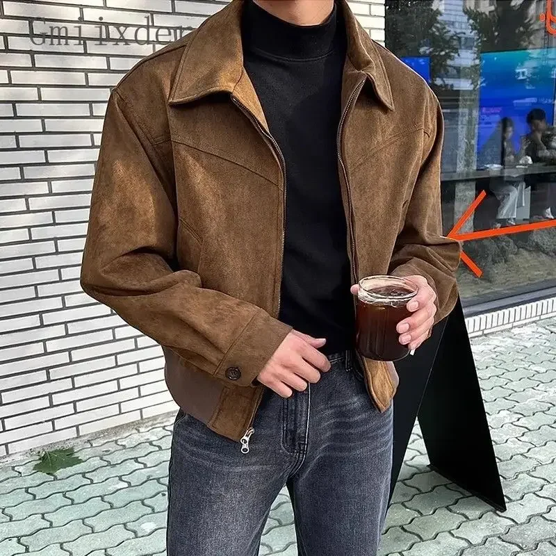 

Elegant Solid Brown Coat Men's Spring Autumn High-end Loose Lapel Plush Top Winter New Zipper Short Jacket Vintage Streetwear