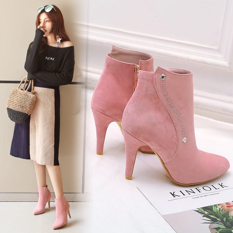 

2023 new autumn winter Women ankle boots plus size 22-29CM flock upper side zip modern boots high heel rhinestone short boots