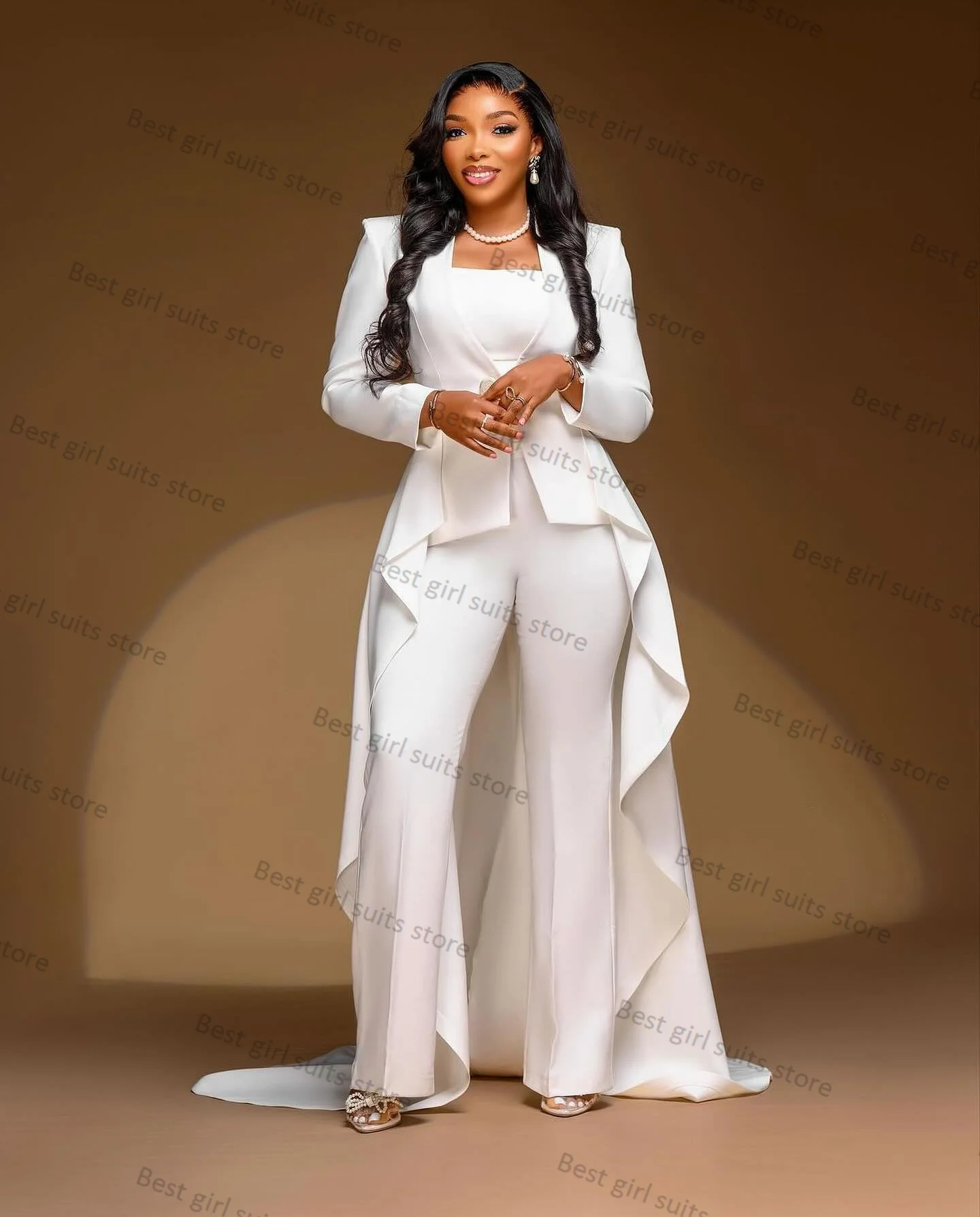 Elegant White Women Suit Pants Set Piece Jacket With Train+