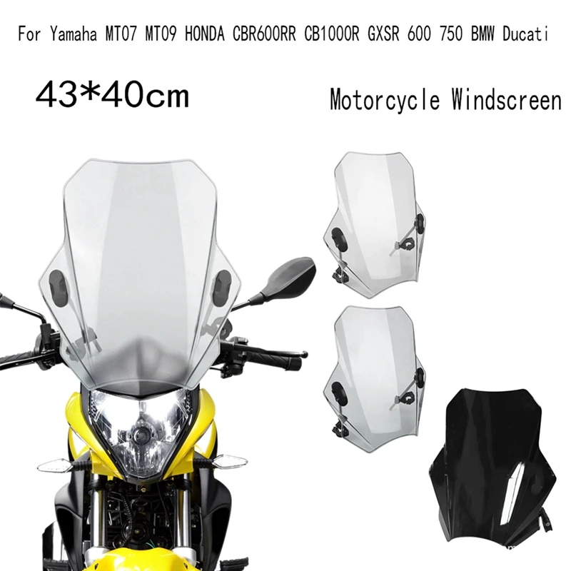 

Motorcycle Windscreen For Yamaha MT07 MT09 HONDA CBR600RR CB1000R GXSR 600 750 BMW Ducati Adjustable 43X40cm