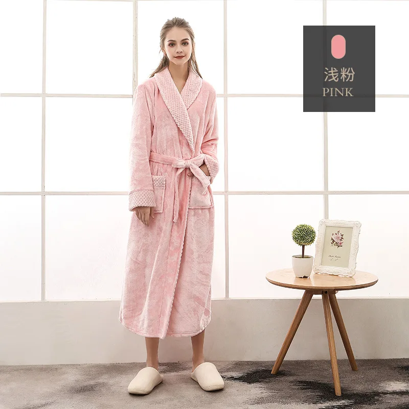 Women Extra Long Thermal Jacquard Flannel Bathrobe Winter Warm Plus Size Zipper Bath Robe Pregnant Dressing Gown Men Sleepwear