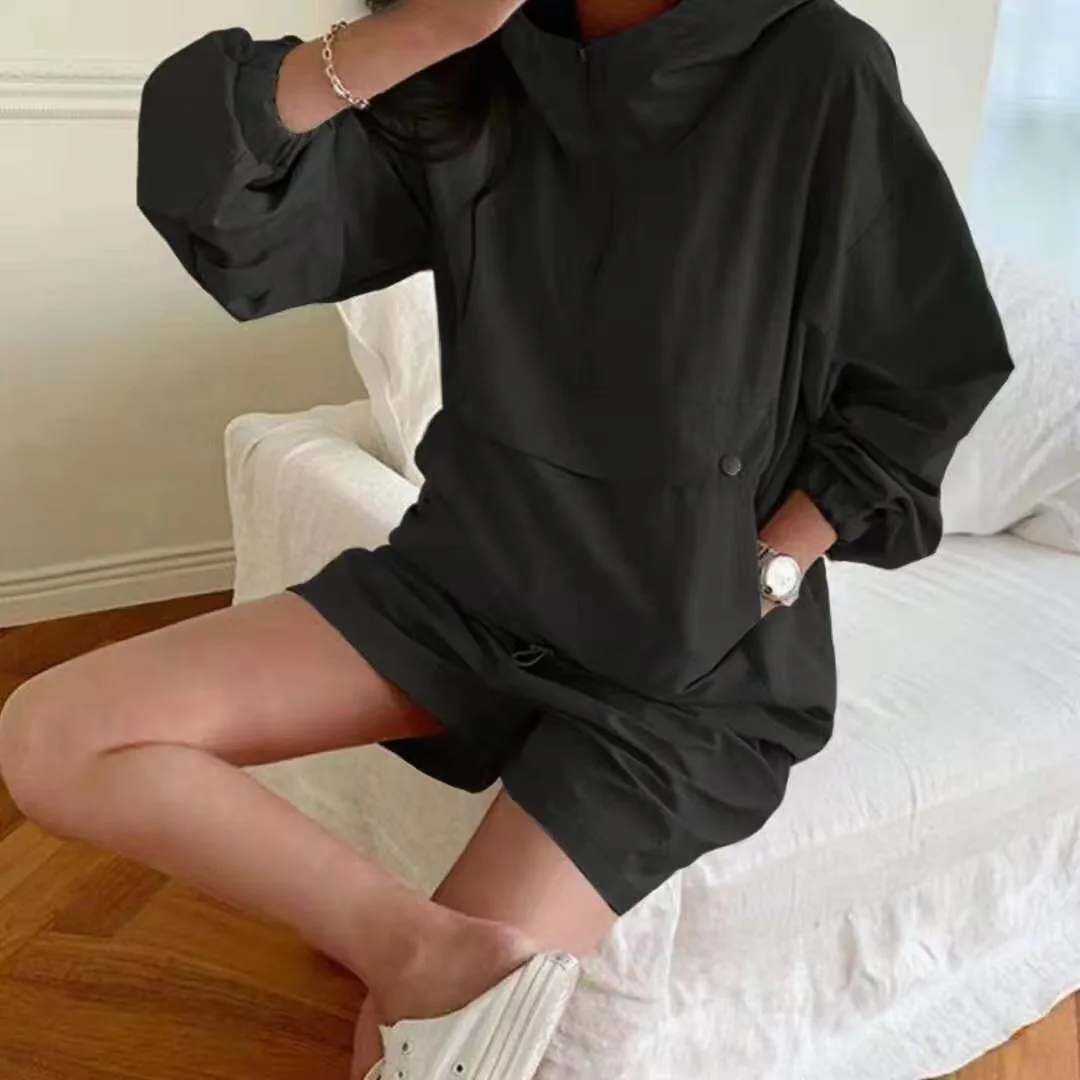 New Summer Women's Suit 2 Pieces Set Hooded Long Sleeve Hoodies and Shorts Female Sporty Chic Casual Solid Tracksuit