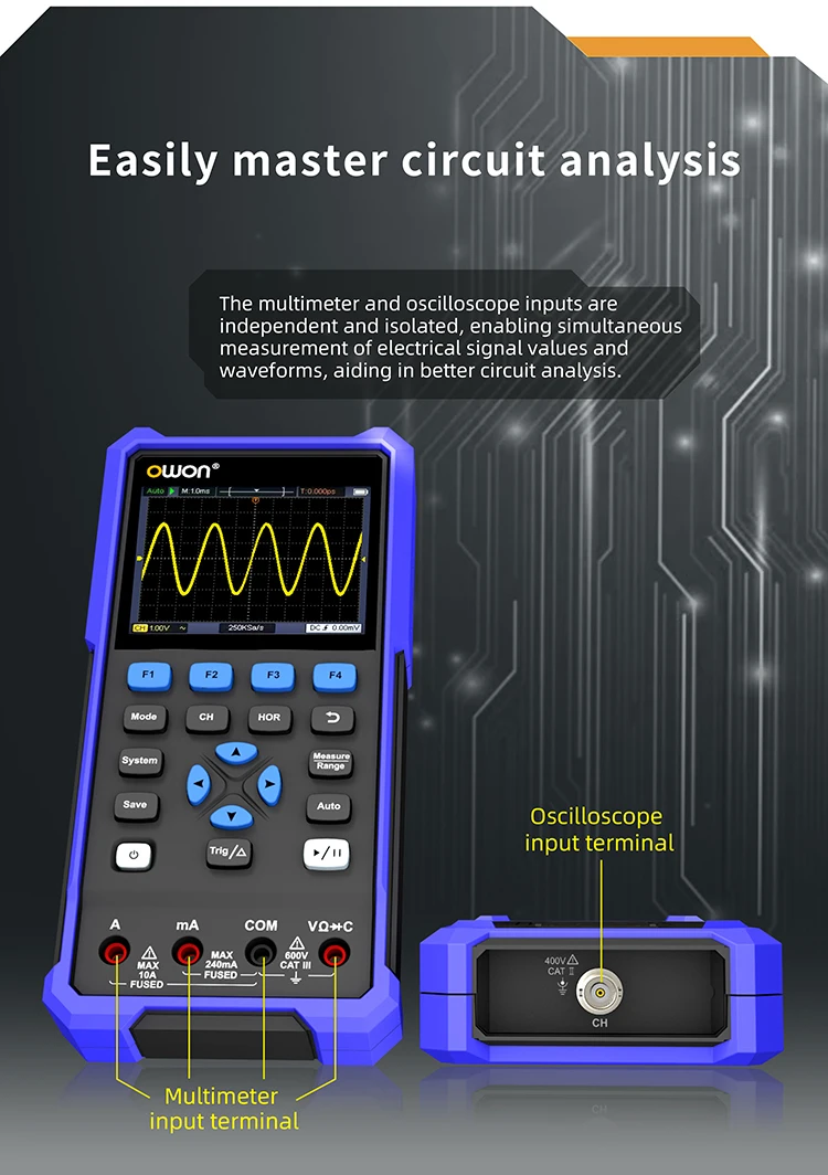 40MHz 70MHz Single Channel Simple 3-in-1 Handheld Digital Oscilloscope 250Msa/s+