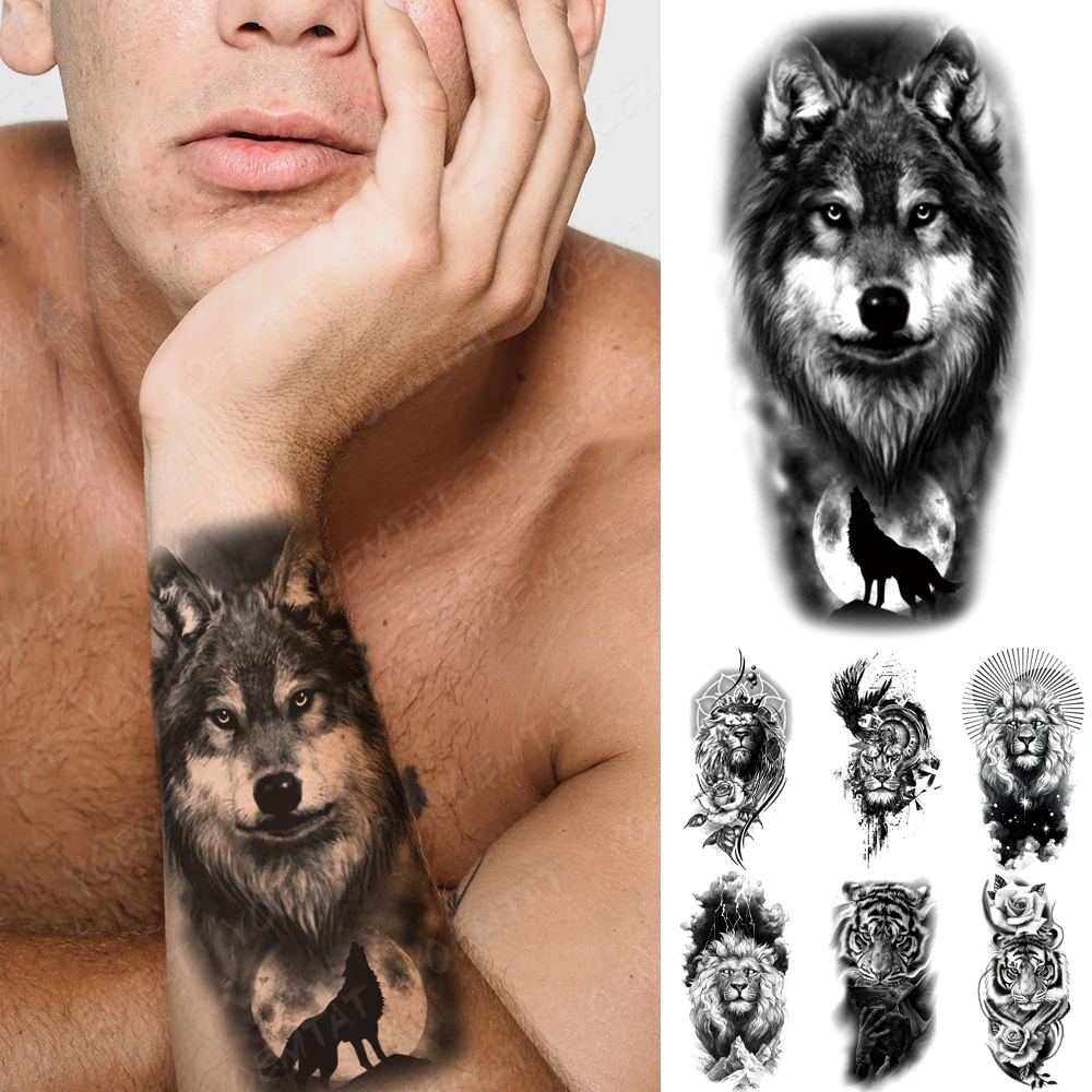 

Waterproof Temporary Tattoo Sticker Line Geometric Wolf Moon Flash Tatto Tiger Lion Crown Body Art Arm Fake Tatoo Men Women