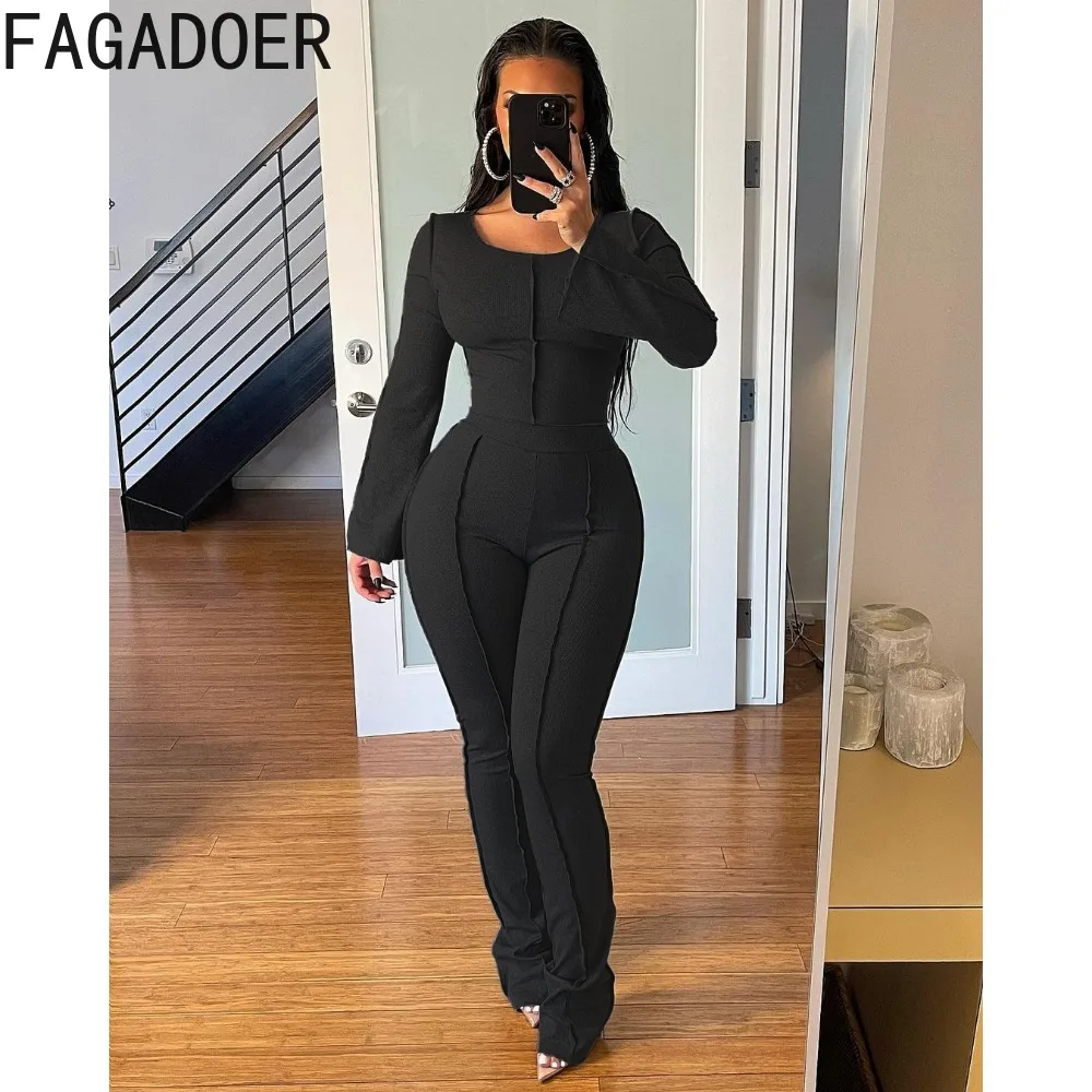 FAGADOER Autumn Winter Solid Ribber Two Piece Sets Women Round Neck Long Sleeve Top + Skinny Pants Outfits Casual Home 2pcs Suit