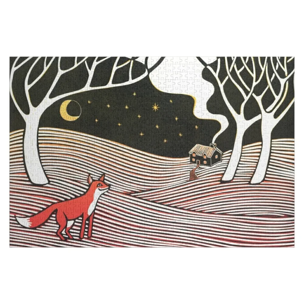 Stargazing - Fox in the Night - linocut by Francesca Whetnall Jigsaw Puzzle Baby Wooden Custom Child Gift Puzzle