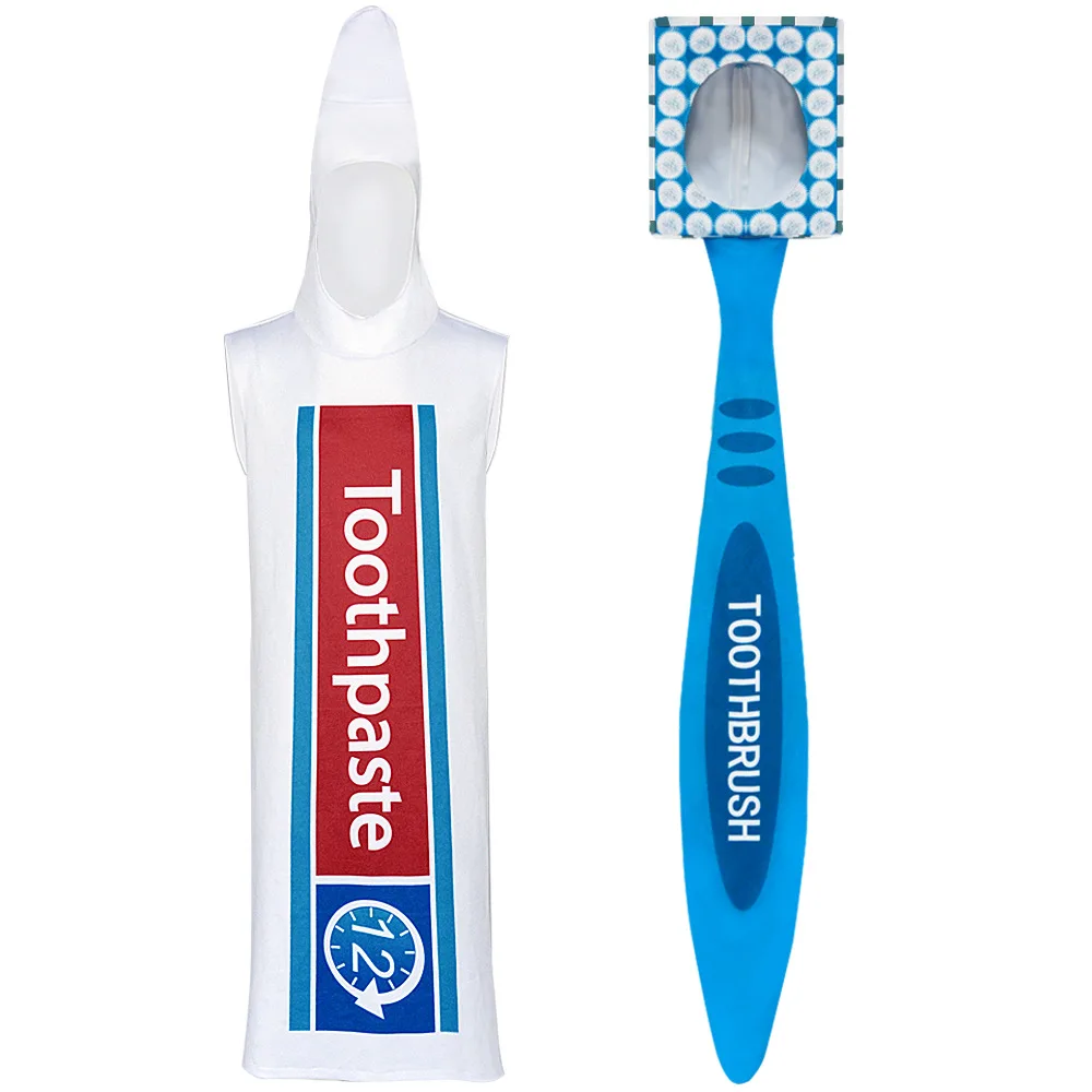 

Toothbrush Toothpaste Costume Cosplay Adult Couple Lover Clothing Suit Halloween Masquerade Party Prank Role Bodysuit Set Prop