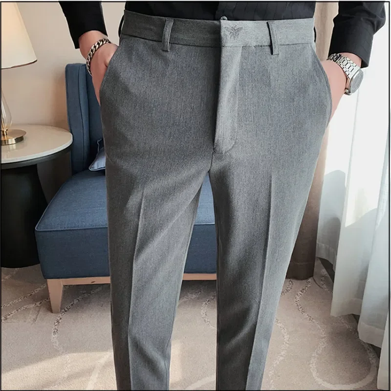 

Embroidery Business Dress Pants Solid Color Folds Casual Slim Suit Pants Wedding Office Social Streetwear Trousers Costume Homme