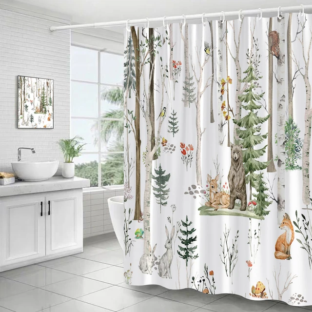 Forest Animal Shower Curtains Watercolour Plant Bear Fox Deer Rabbit Winter  Snow Scenery Cloth Bathroom Curtain Decor With Hooks - AliExpress