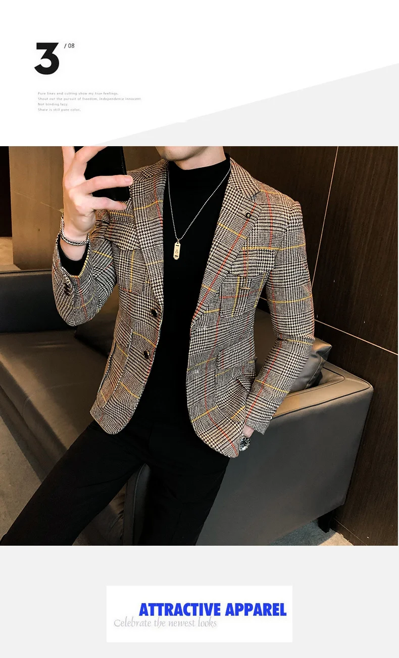 men blazer Plaid Vintage Blazer British Stylish Male Blazer Suit Jacket Business Casual Blazer Jacket Terno Masculino Mens Blazer Pattern casual blazer for men