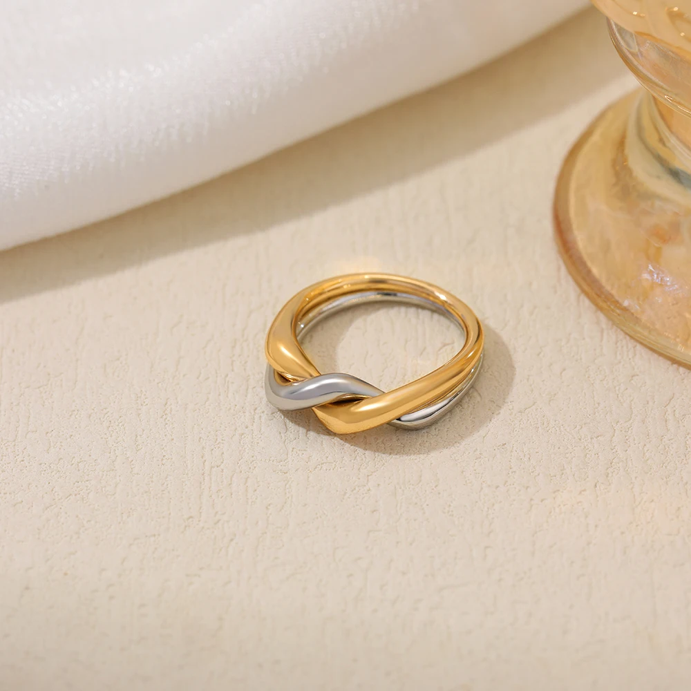Mix Color Crossing Double Layered Circular Minimalist Rings for Women Unique Smooth Stainless Steel Waterproof Wedding Jewelry
