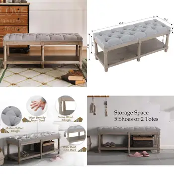 Grey Wooden Farmhouse Storage Bench with Upholstered Tufted Seat for Entryway, Bedroom, and Hallway 1