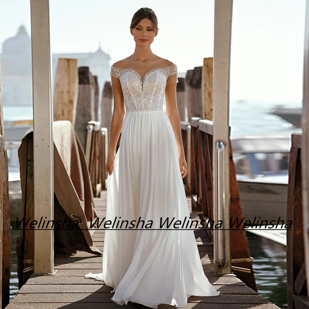 

Beach Wedding Dress Vestido De Noiva Cap Sleeve Scoop Neck Beading Sequin Illusion Back Zipper A Line Summer Bride Bridal Gown