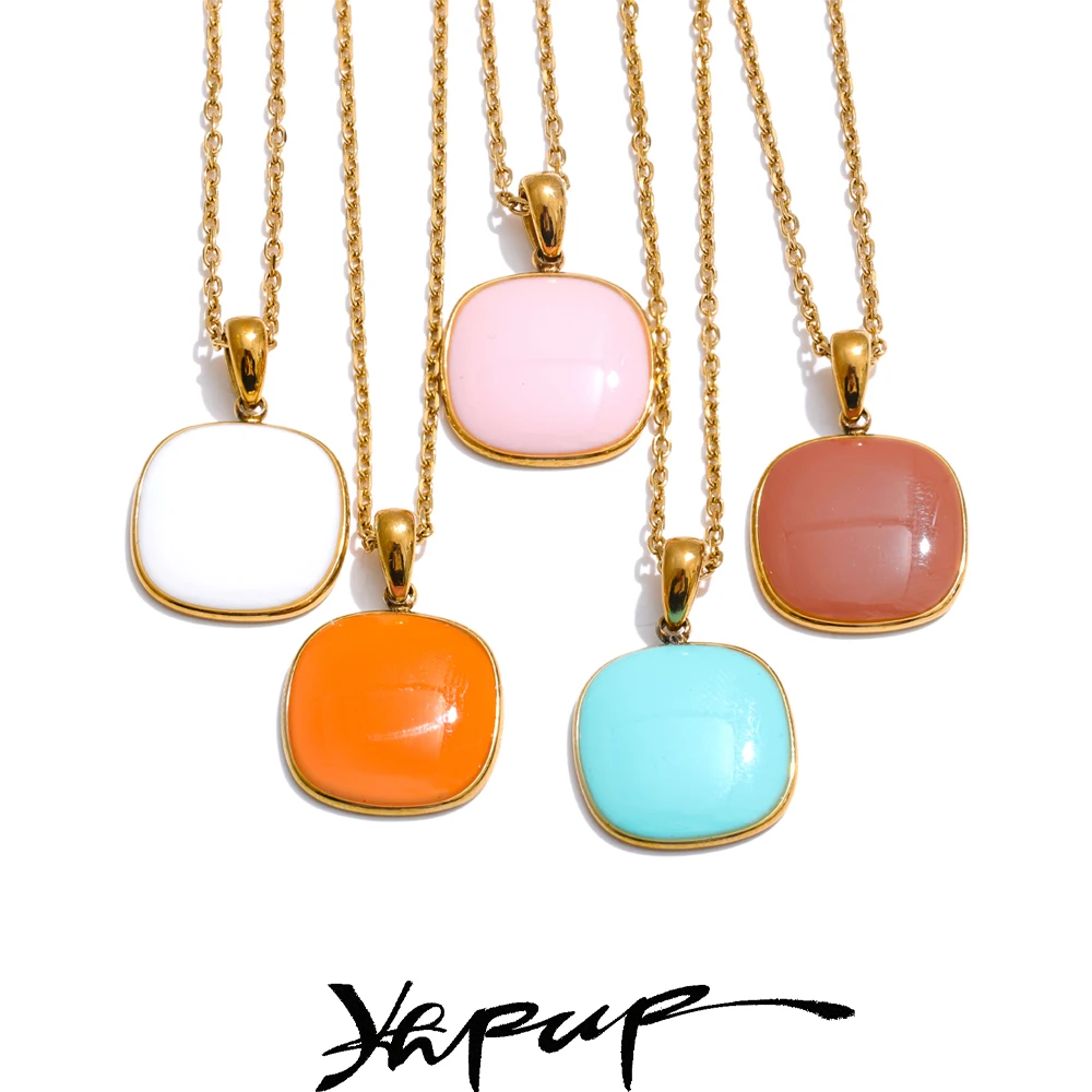 Yhpup Square Pendant Necklace Stainless Steel Gold PVD Plated for Women