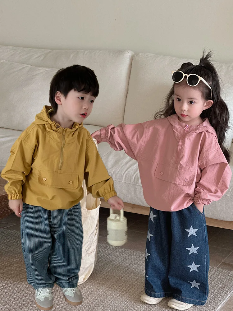 

2024 Spring New Children Long Sleeve Hooded Jacket Baby Girl Windbreak Cardigan Solid Kids Boys Casual Coat Infant Clothes