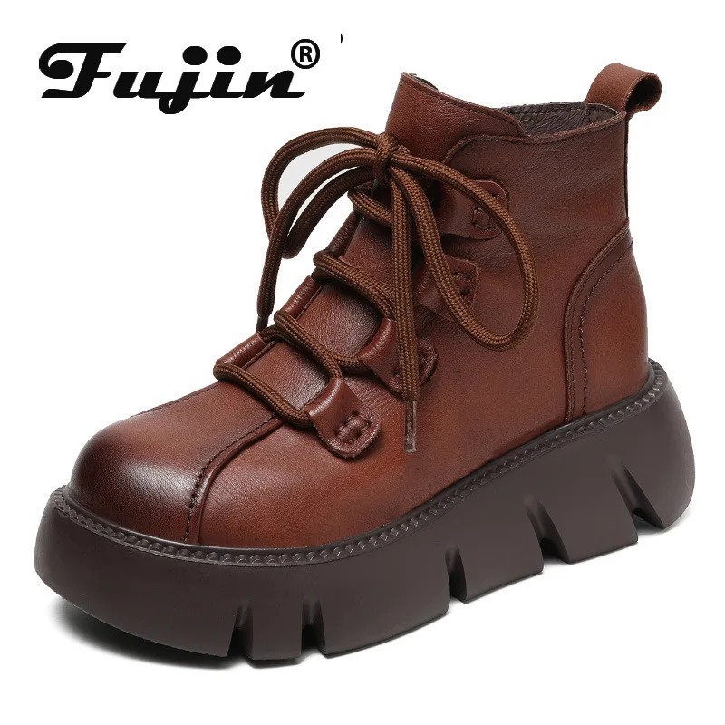 

Fujin 5.5cm Flats Loafer Natural Genuine Leather Shoes Ankle Boots Women Mid Calf Booties Autumn Spring Comfy Platform Wedge