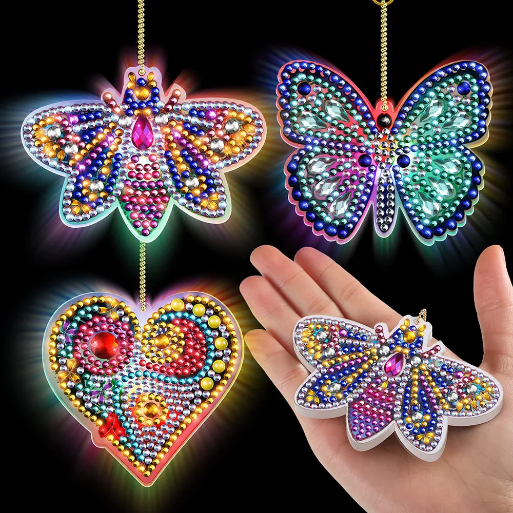 3pcs Led Light Diamond Painting portachiavi farfalla animale fai da te  pittura diamante portachiavi portachiavi mosaico strass artigianato Decor