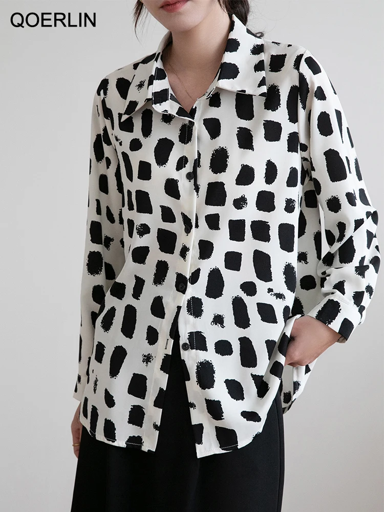 QOERLIN Stylish Printed Tops Blouse Women 2023 Spring New Long Sleeve Button Up Shirts Turn-Down Women Workwear Fashion OL Shirt