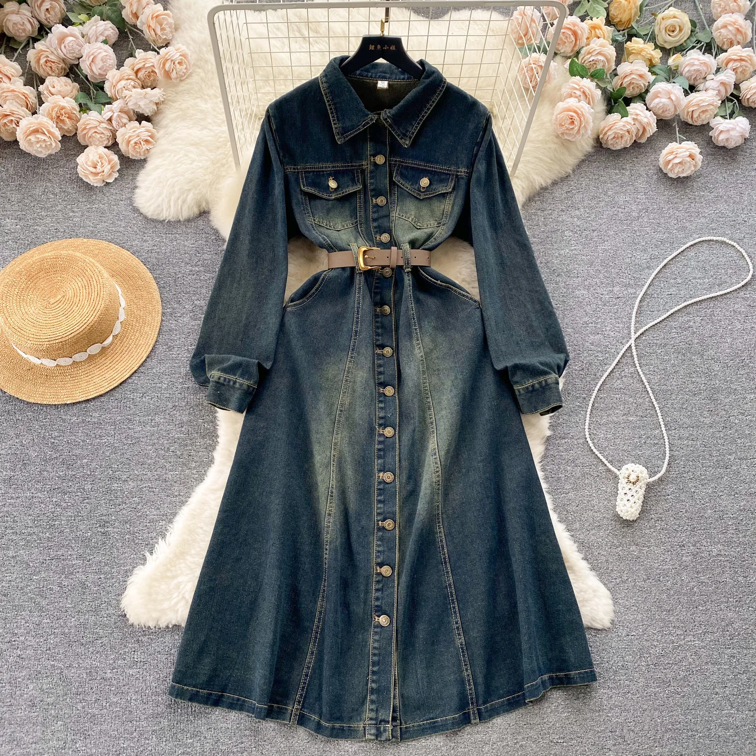 

Retro denim dress single-breasted mid-length shirt dress