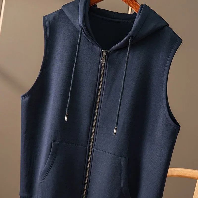 Women's Hooded Sweater Vest Spring Autumn Sleeveless Sports Top Korean Fashion Coat Cotton Cardigan Leisure Loose Solid Color